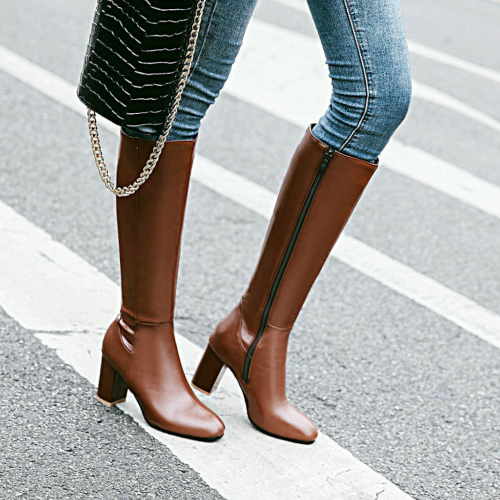 Women's Sleek Faux Leather Knee-Length Boots