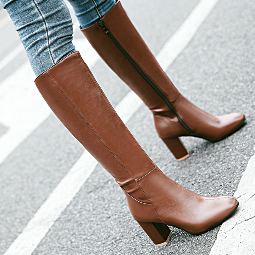 Women's Sleek Faux Leather Knee-Length Boots