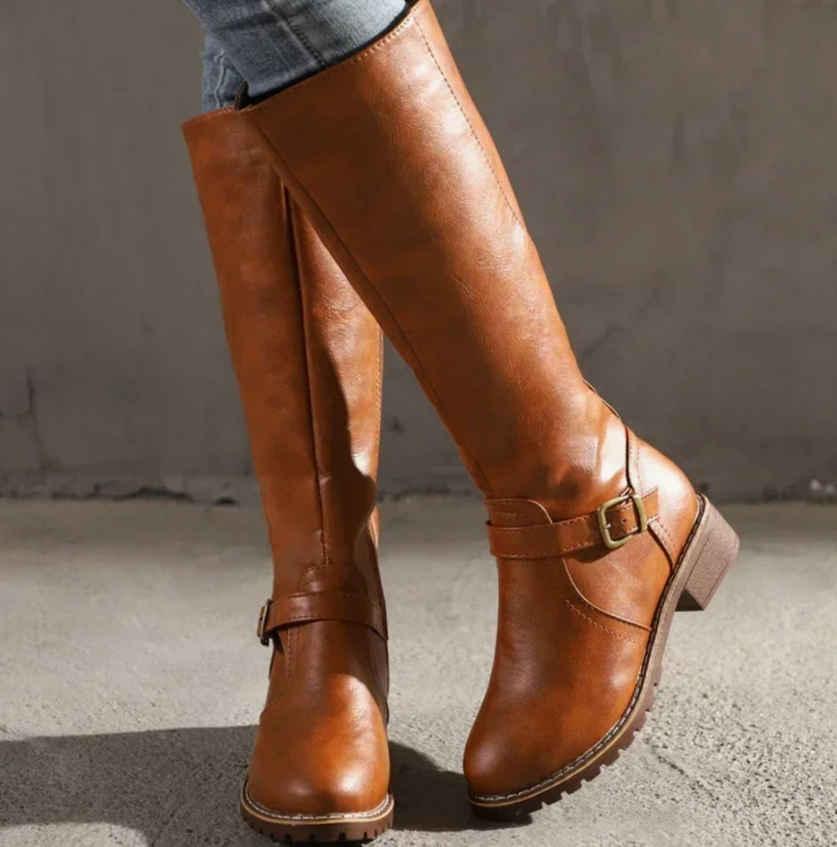 Women's Tall Smooth Leather Equestrian Block Heel Boots