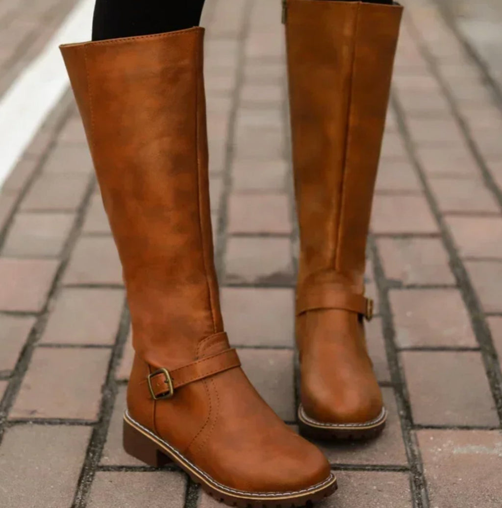 Women's Tall Smooth Leather Equestrian Block Heel Boots