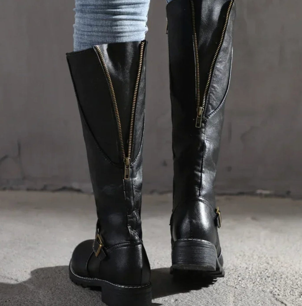 Women's Tall Smooth Leather Equestrian Block Heel Boots