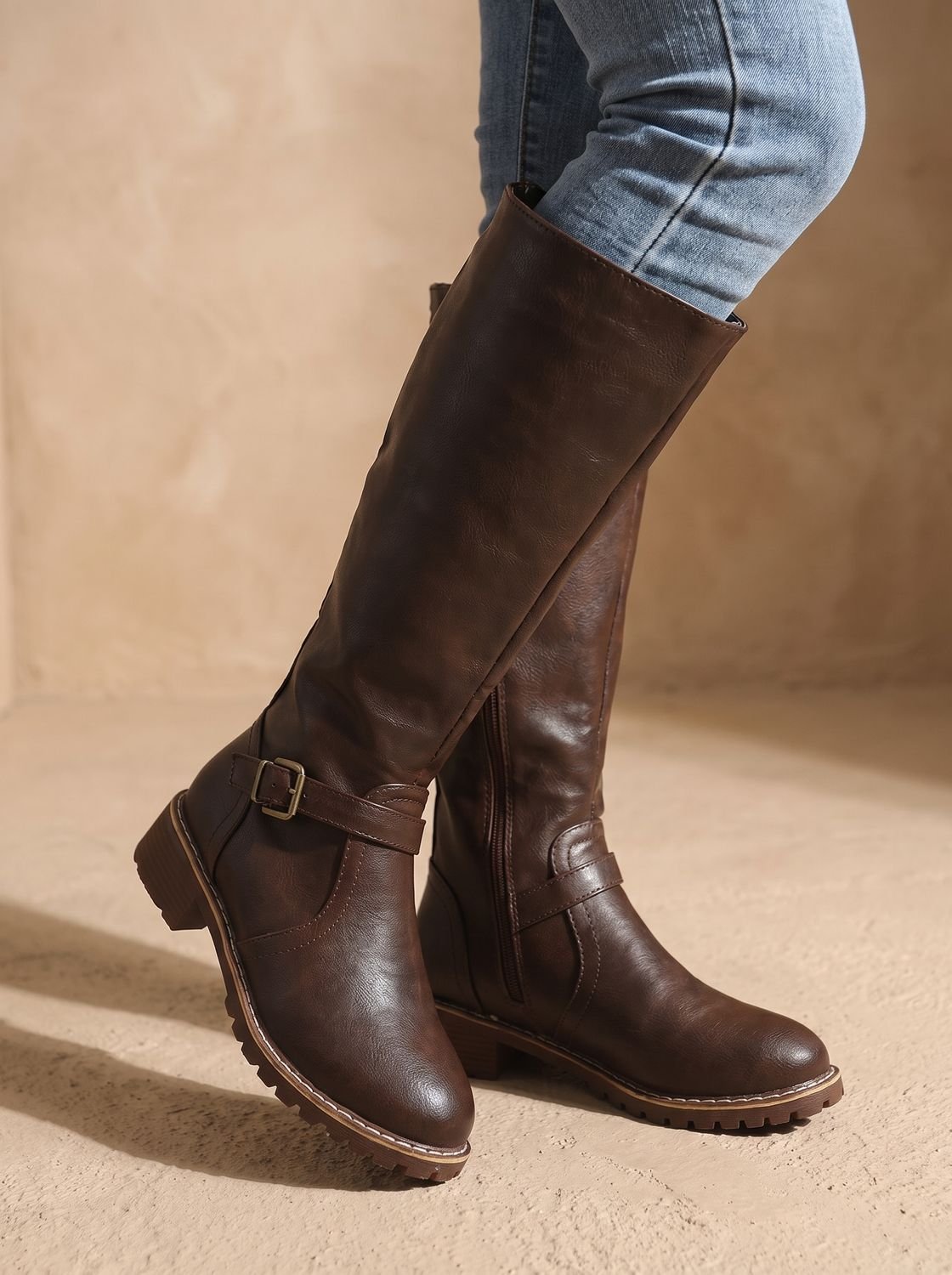 Women's Tall Equestrian Boots with Ankle Buckle Strap