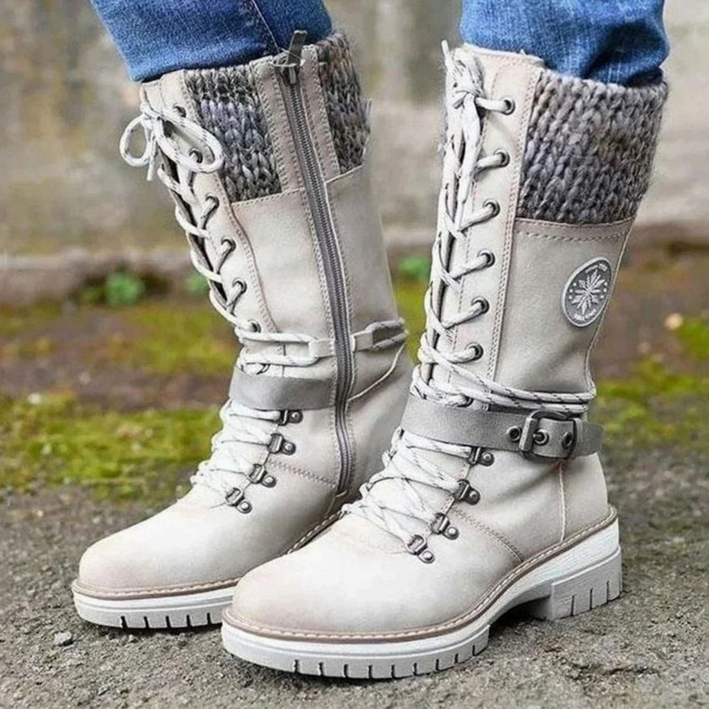 Women's Cozy Mid-Calf Winter Lace-Up Knit Top Boots