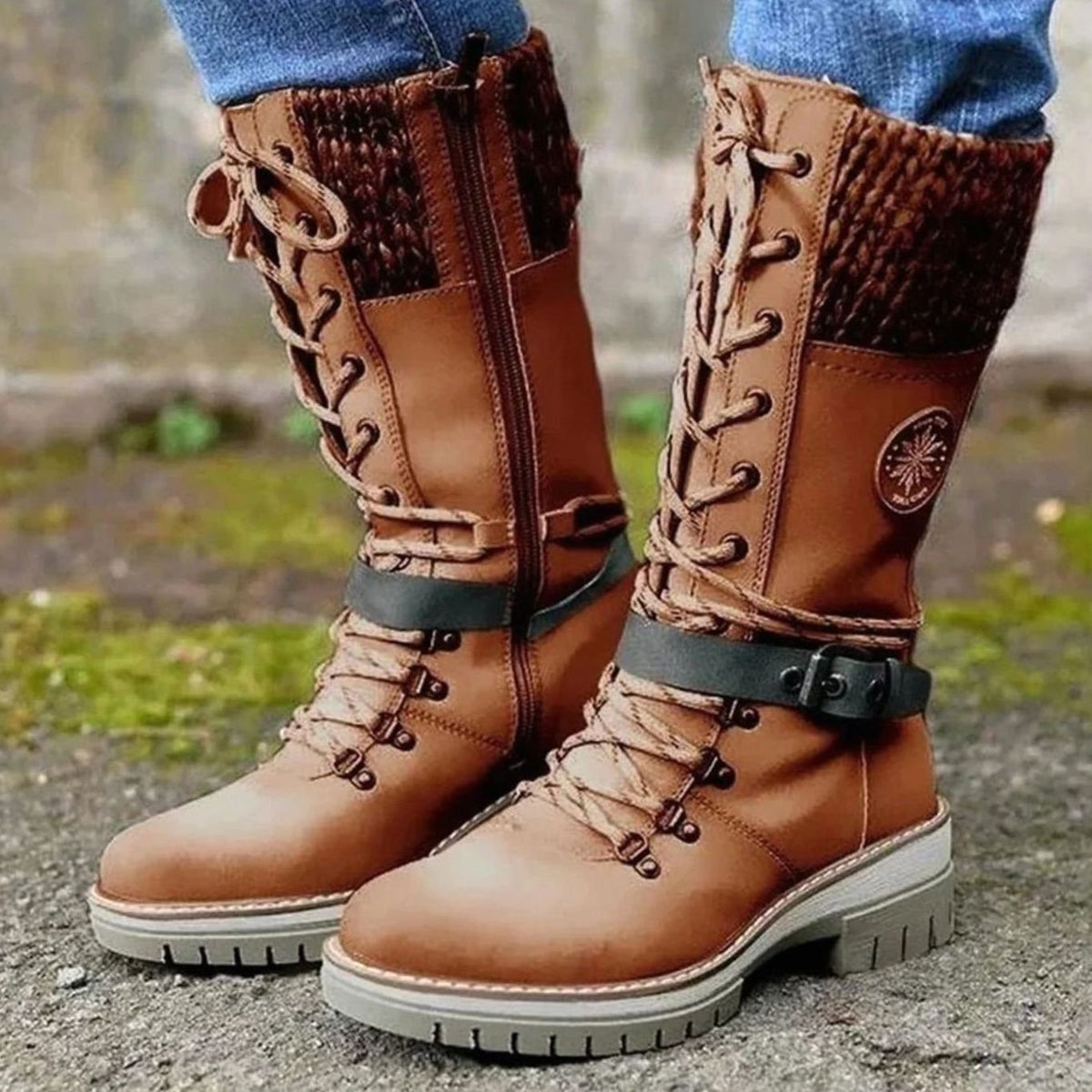 Women's Cozy Mid-Calf Winter Lace-Up Knit Top Boots