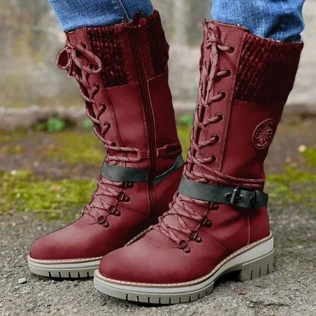 Women's Cozy Mid-Calf Winter Lace-Up Knit Top Boots