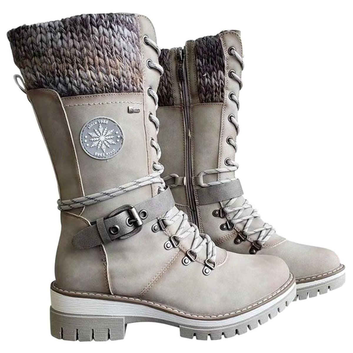 Women's Cozy Mid-Calf Winter Lace-Up Knit Top Boots