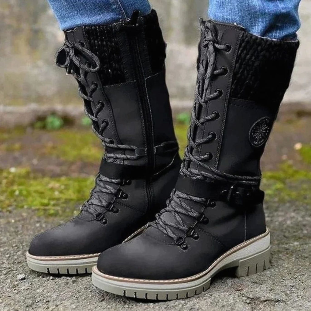 Women's Cozy Mid-Calf Winter Lace-Up Knit Top Boots