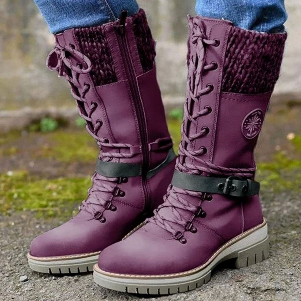 Women's Cozy Mid-Calf Winter Lace-Up Knit Top Boots