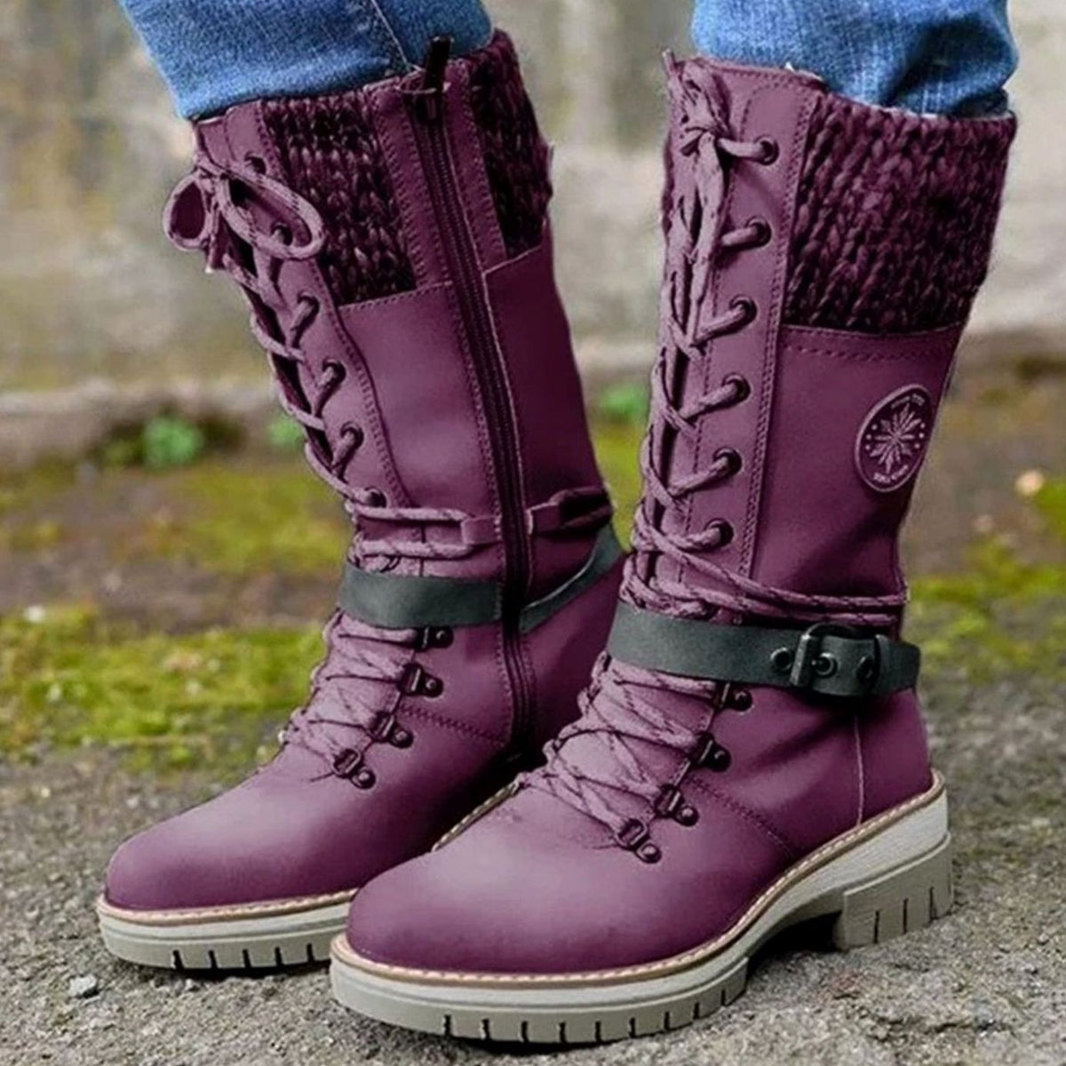 Women's Cozy Mid-Calf Winter Lace-Up Knit Top Boots