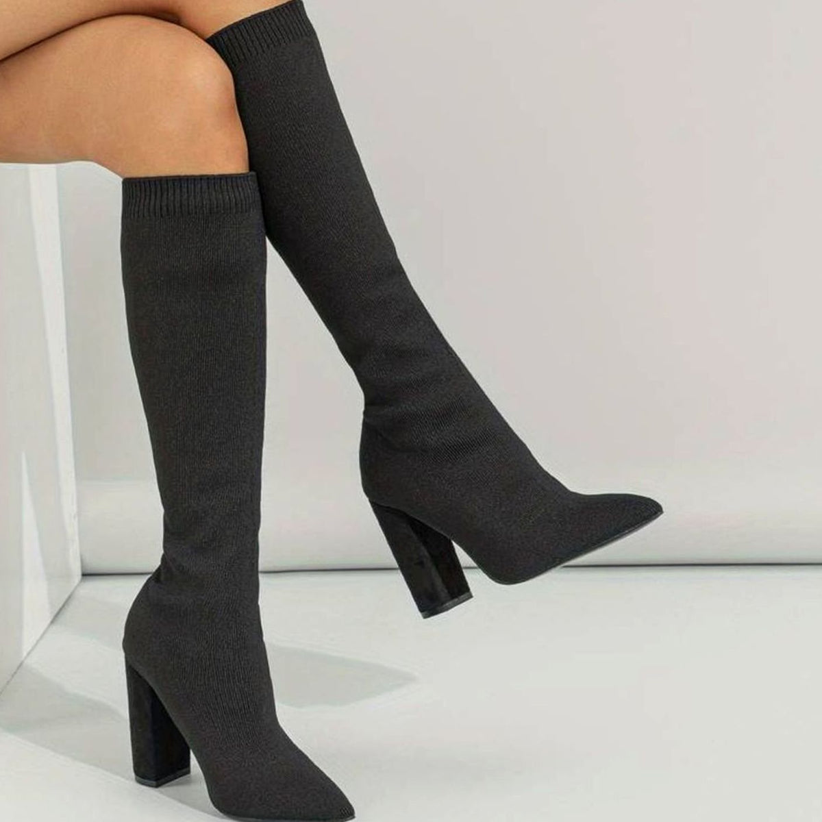 Women's Ribbed Knit Pull-On Pointed Sock Boots