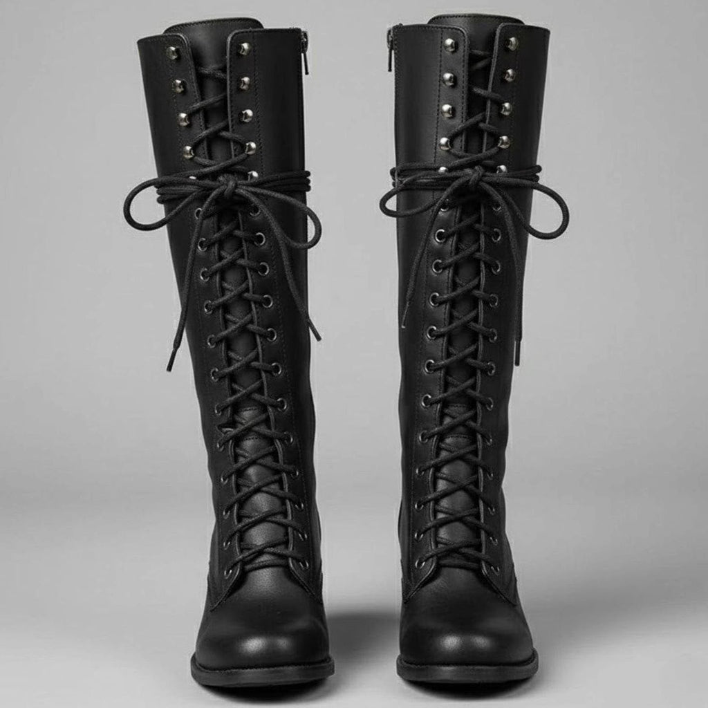 Women's Full Lacing Studded Knee High Faux Leather Boots