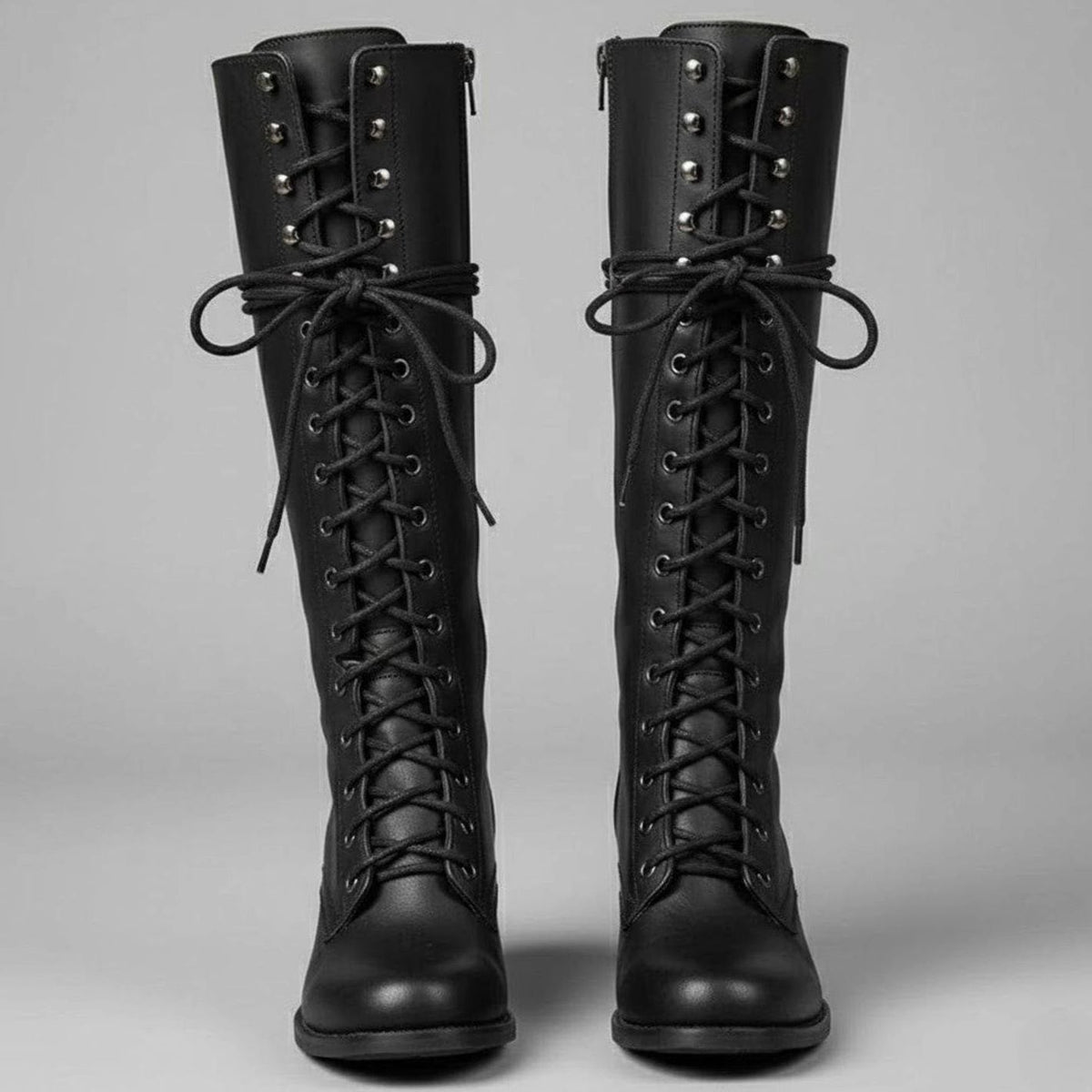 Women's Full Lacing Studded Knee High Faux Leather Boots