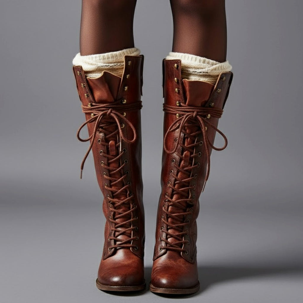 Women's Full Lacing Studded Knee High Faux Leather Boots