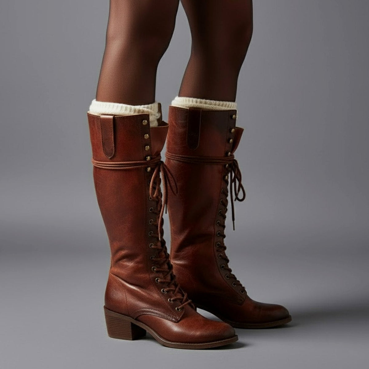 Women's Full Lacing Studded Knee High Faux Leather Boots