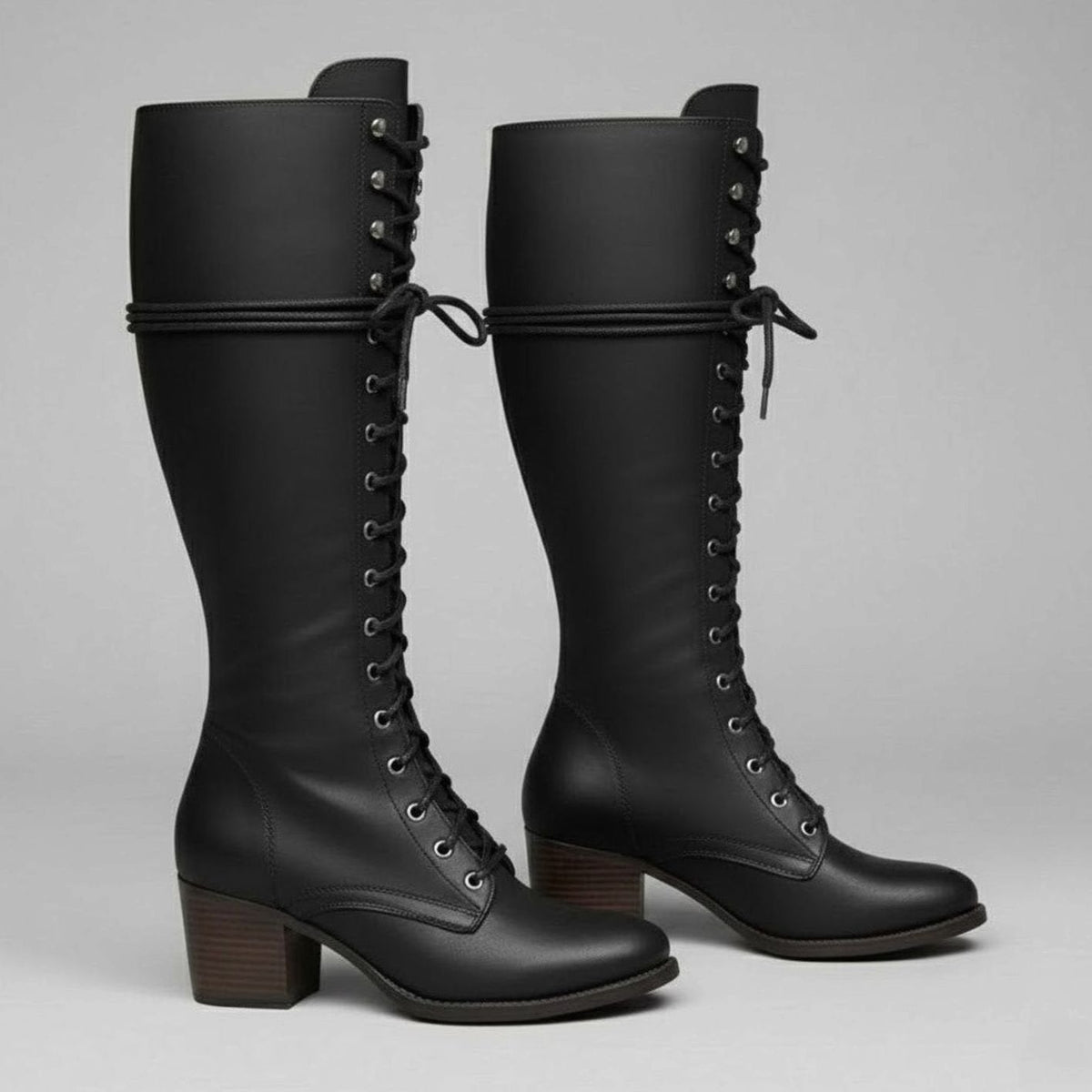 Women's Full Lacing Studded Knee High Faux Leather Boots