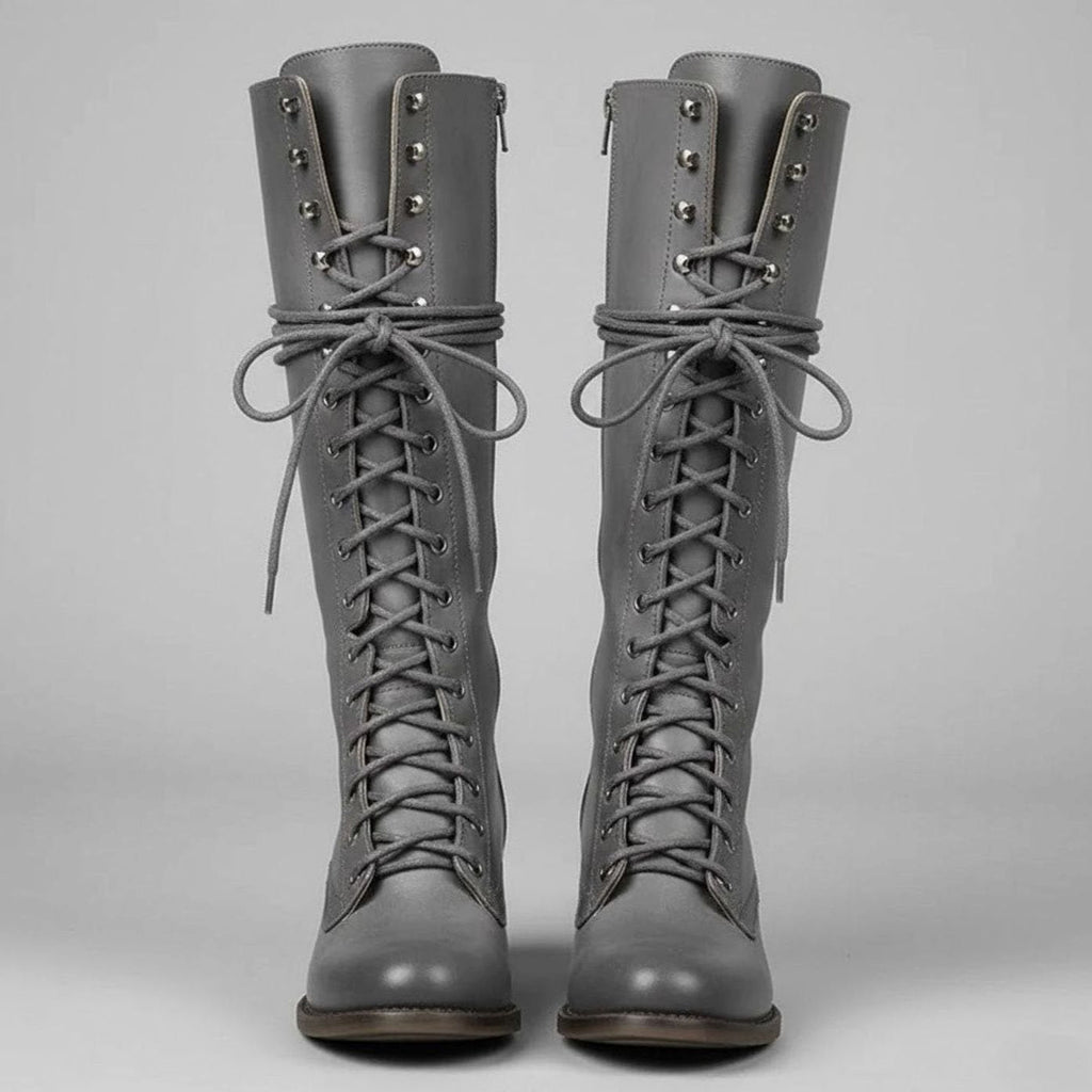 Women's Full Lacing Studded Knee High Faux Leather Boots