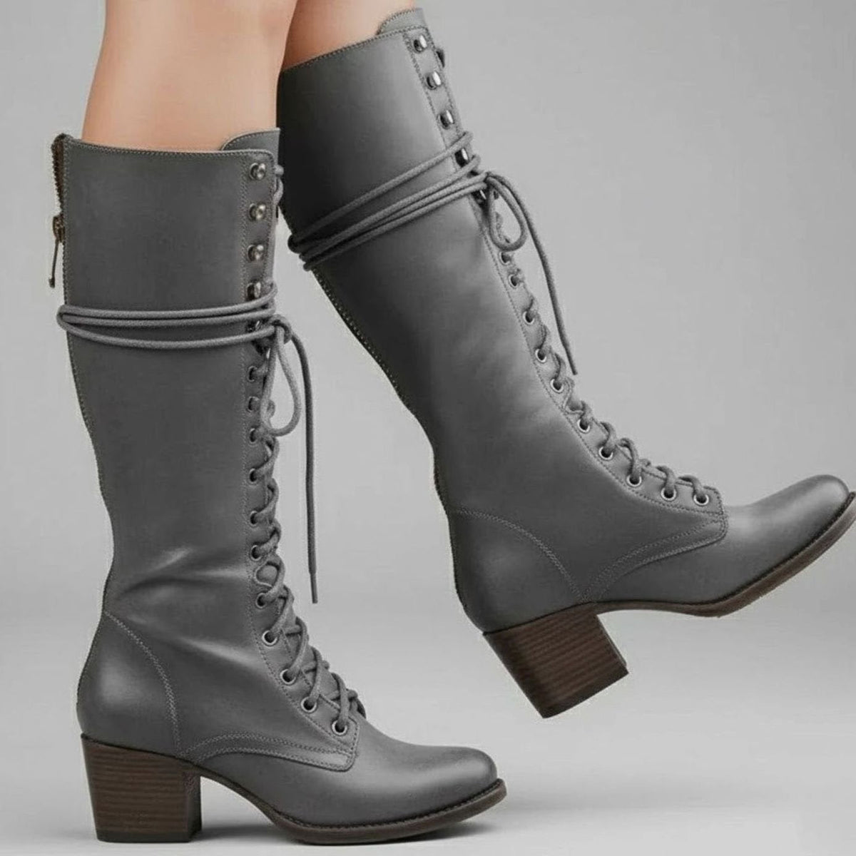 Women's Full Lacing Studded Knee High Faux Leather Boots