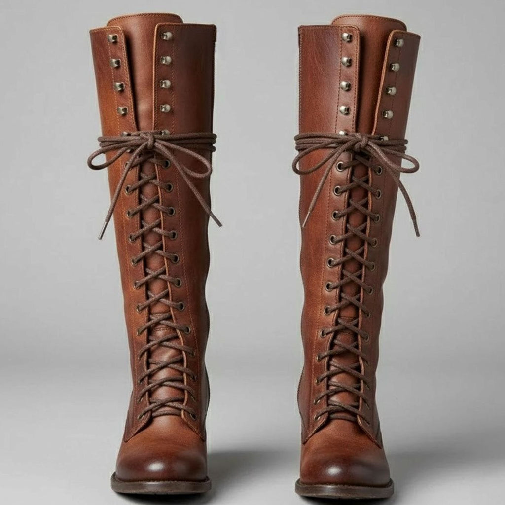 Women's Full Lacing Studded Knee High Faux Leather Boots