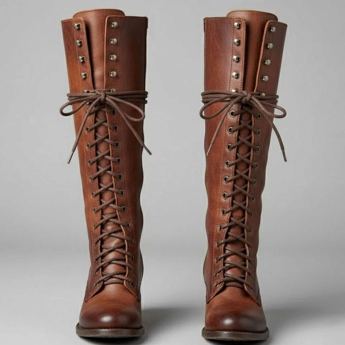 Women's Full Lacing Studded Knee High Faux Leather Boots