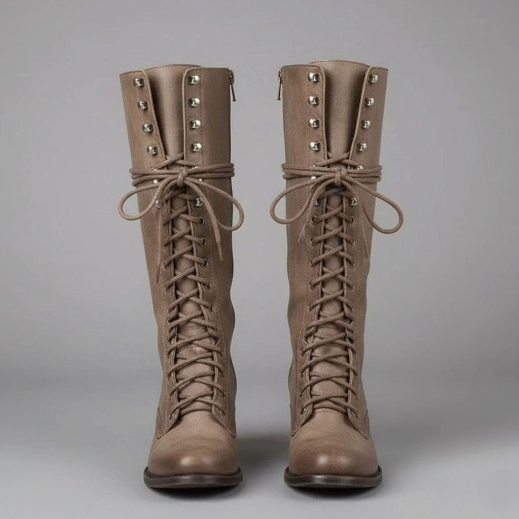 Women's Full Lacing Studded Knee High Faux Leather Boots