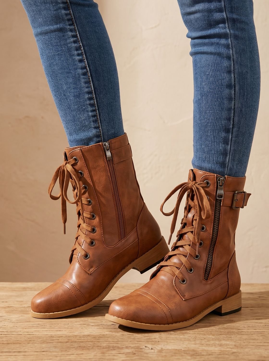 Women's Rugged Zip-On Round Toe Combat Boots