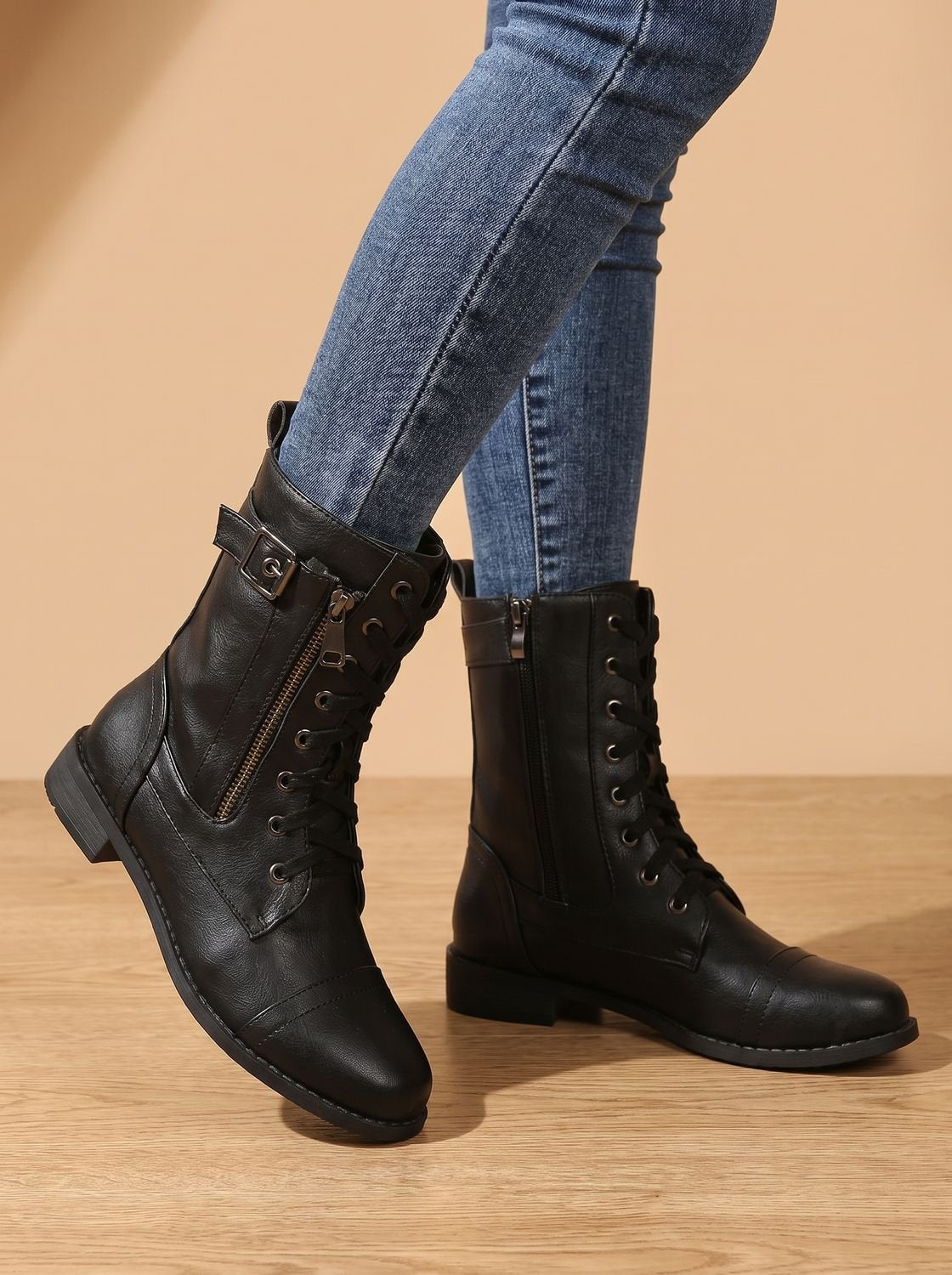 Women's Rugged Zip-On Round Toe Combat Boots
