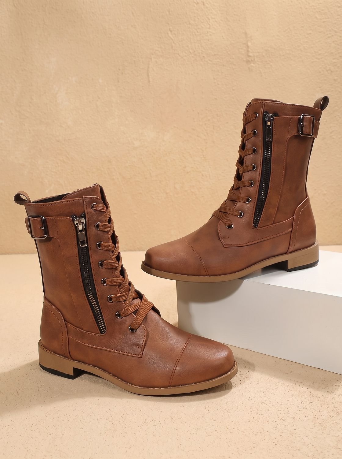 Women's Rugged Zip-On Round Toe Combat Boots