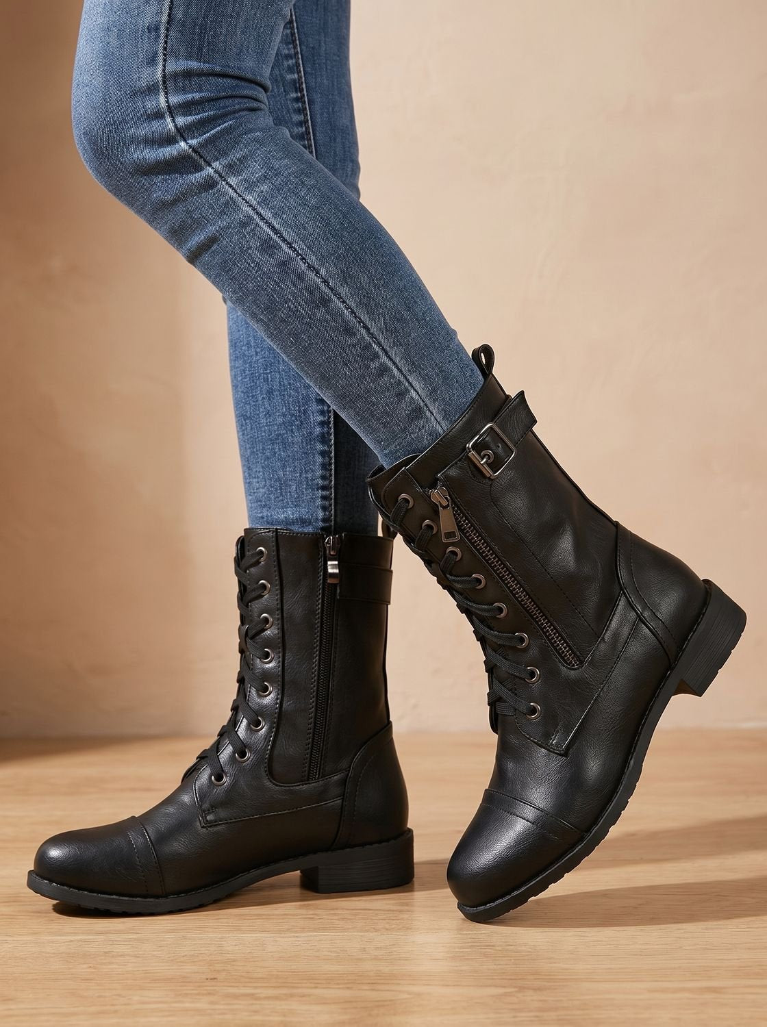 Women's Rugged Zip-On Round Toe Combat Boots