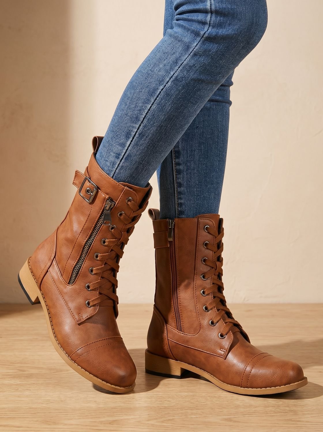 Women's Rugged Zip-On Round Toe Combat Boots