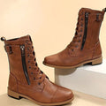 Women's Zip-On Mid Calf Lug Combat Boots with Buckle