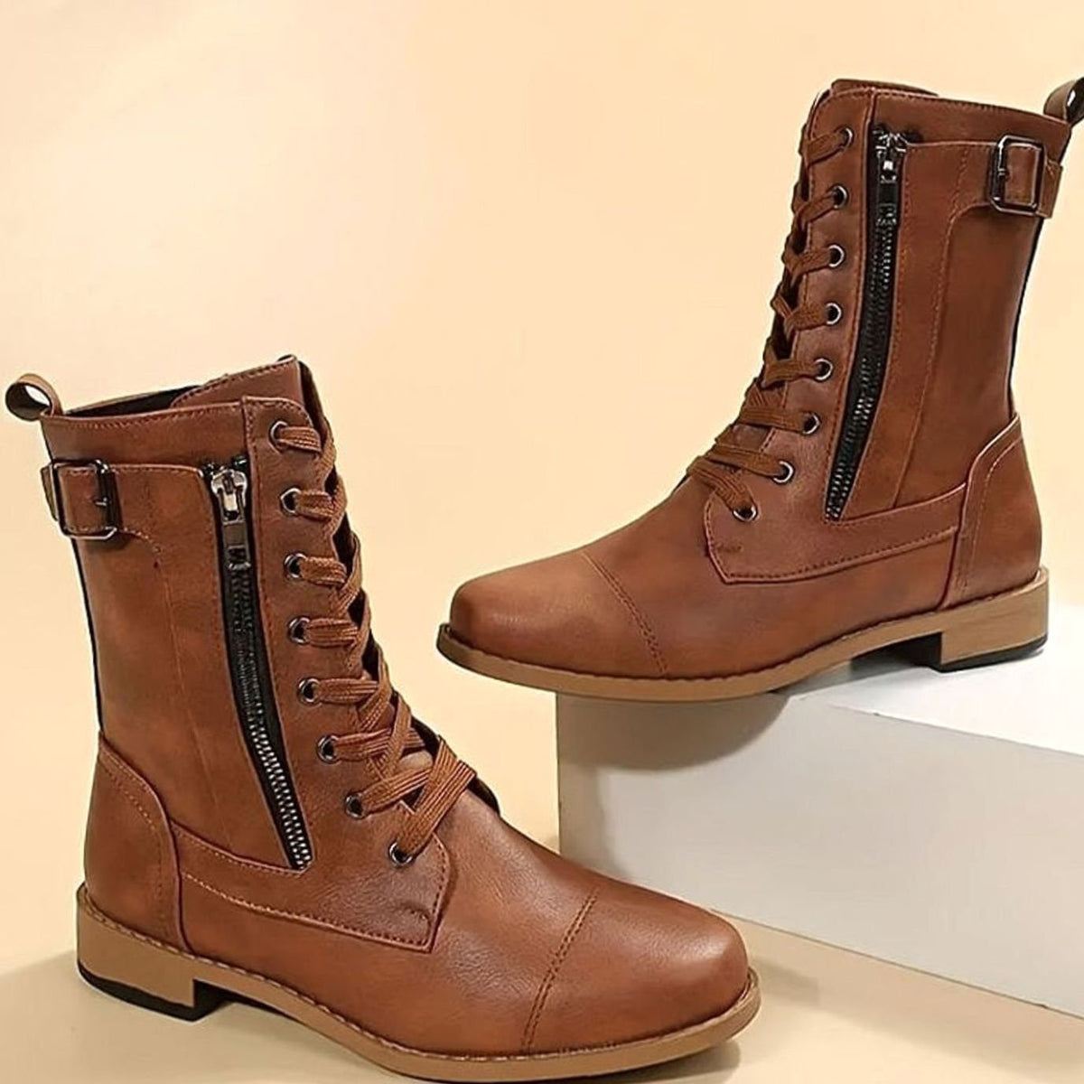 Women's Zip-On Mid Calf Lug Combat Boots with Buckle
