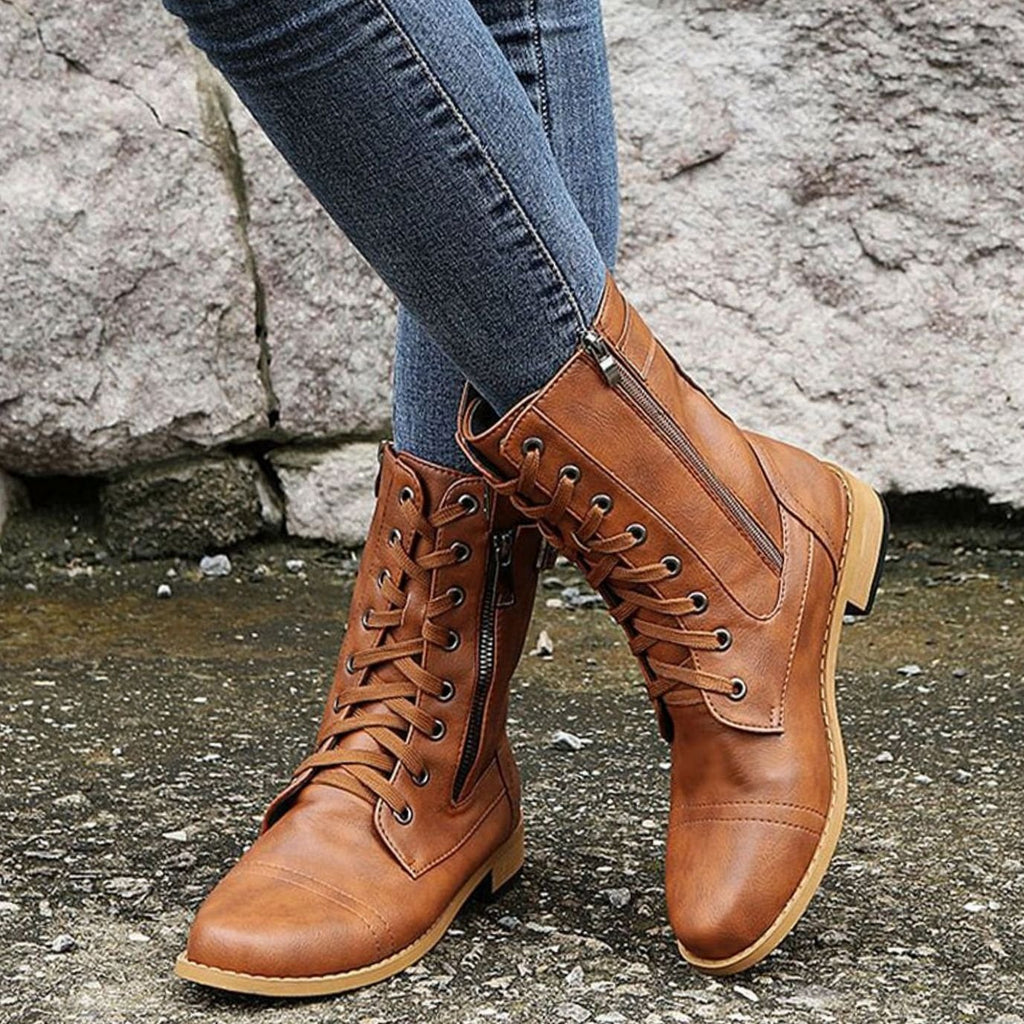 Women's Zip-On Mid Calf Lug Combat Boots with Buckle