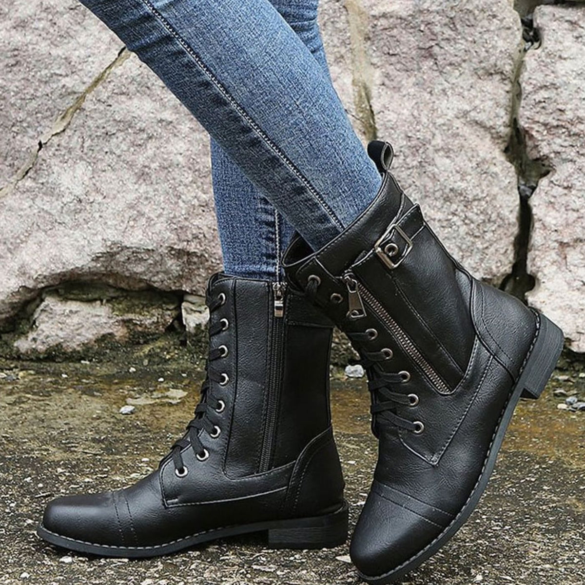 Women's Zip-On Mid Calf Lug Combat Boots with Buckle