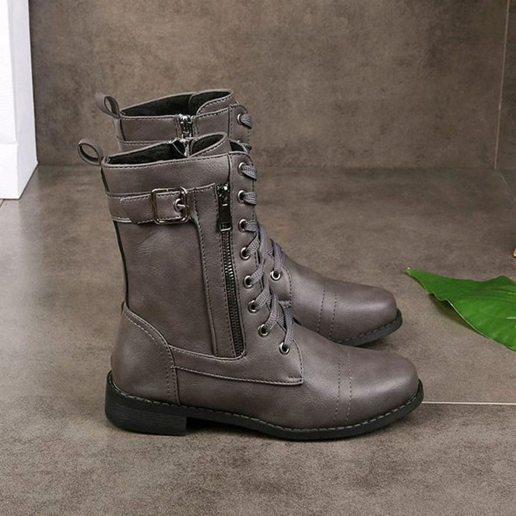 Women's Zip-On Mid Calf Lug Combat Boots with Buckle
