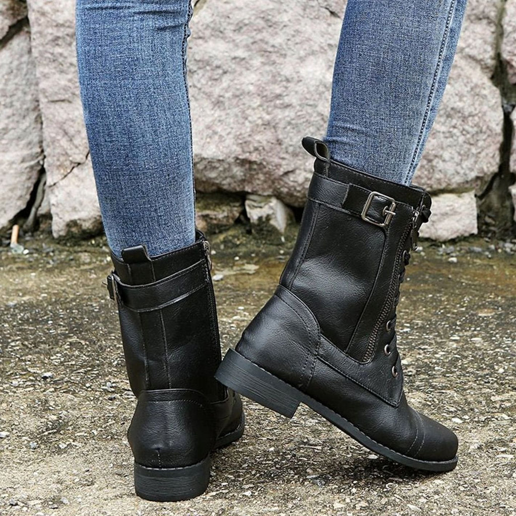 Women's Zip-On Mid Calf Lug Combat Boots with Buckle