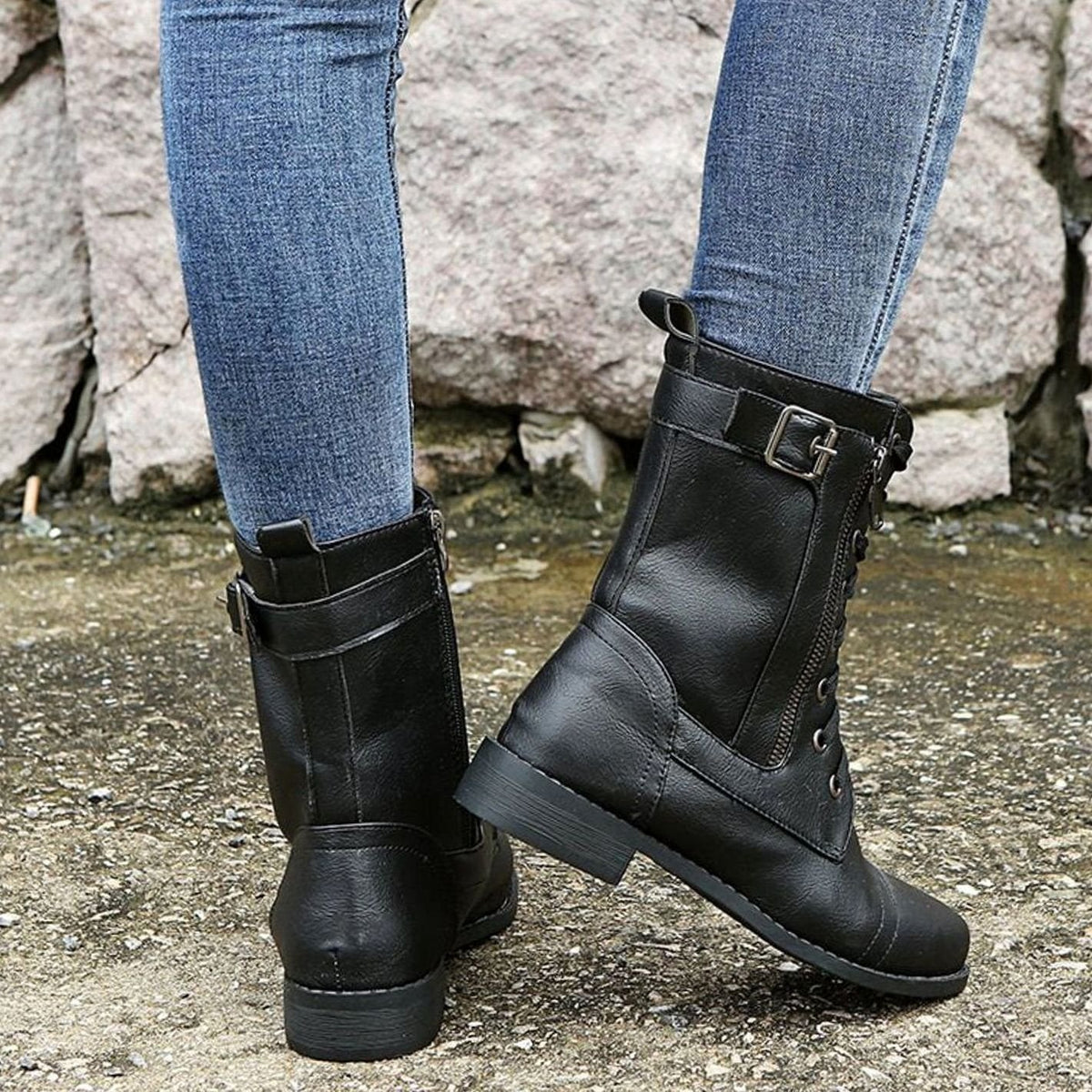 Women's Zip-On Mid Calf Lug Combat Boots with Buckle