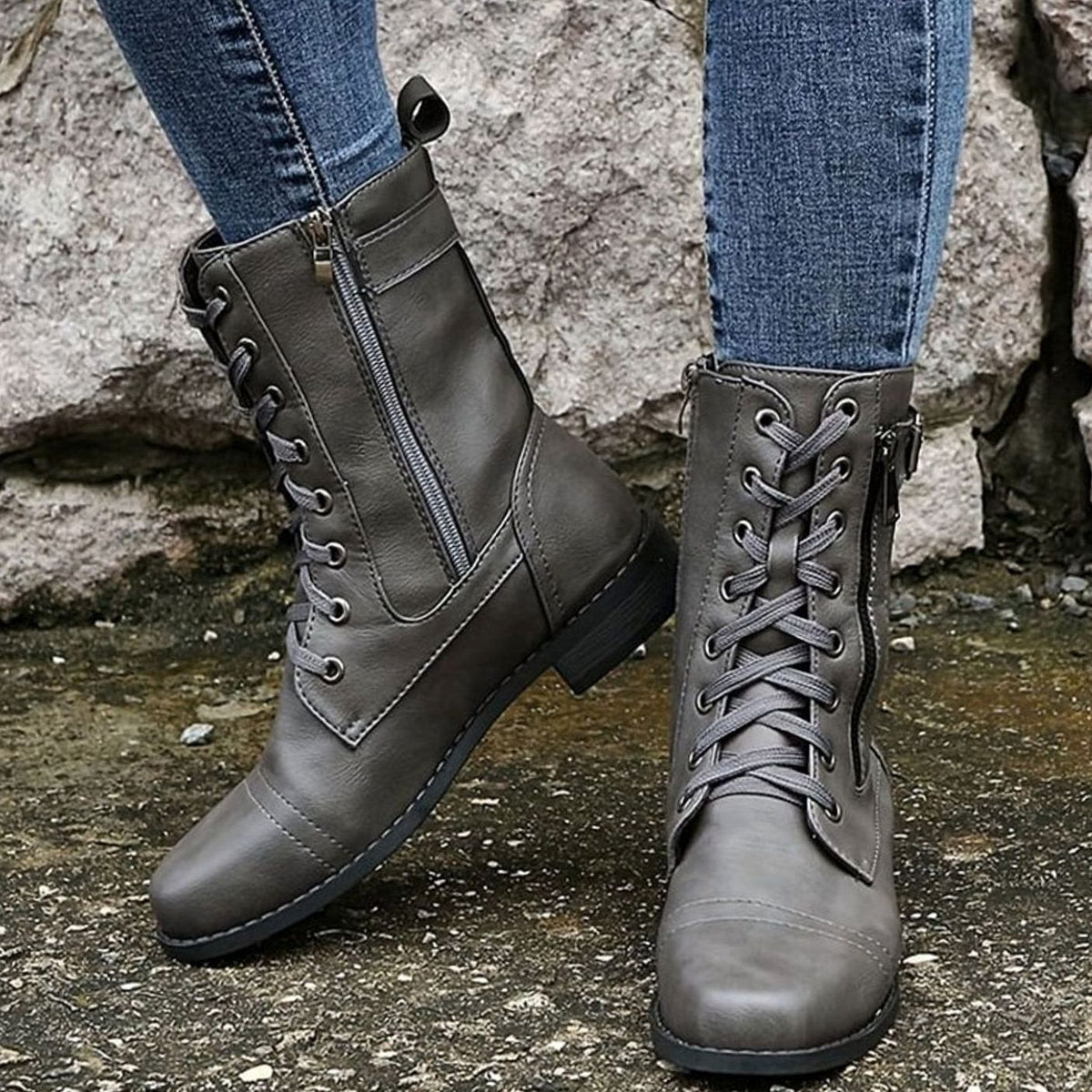 Women's Zip-On Mid Calf Lug Combat Boots with Buckle