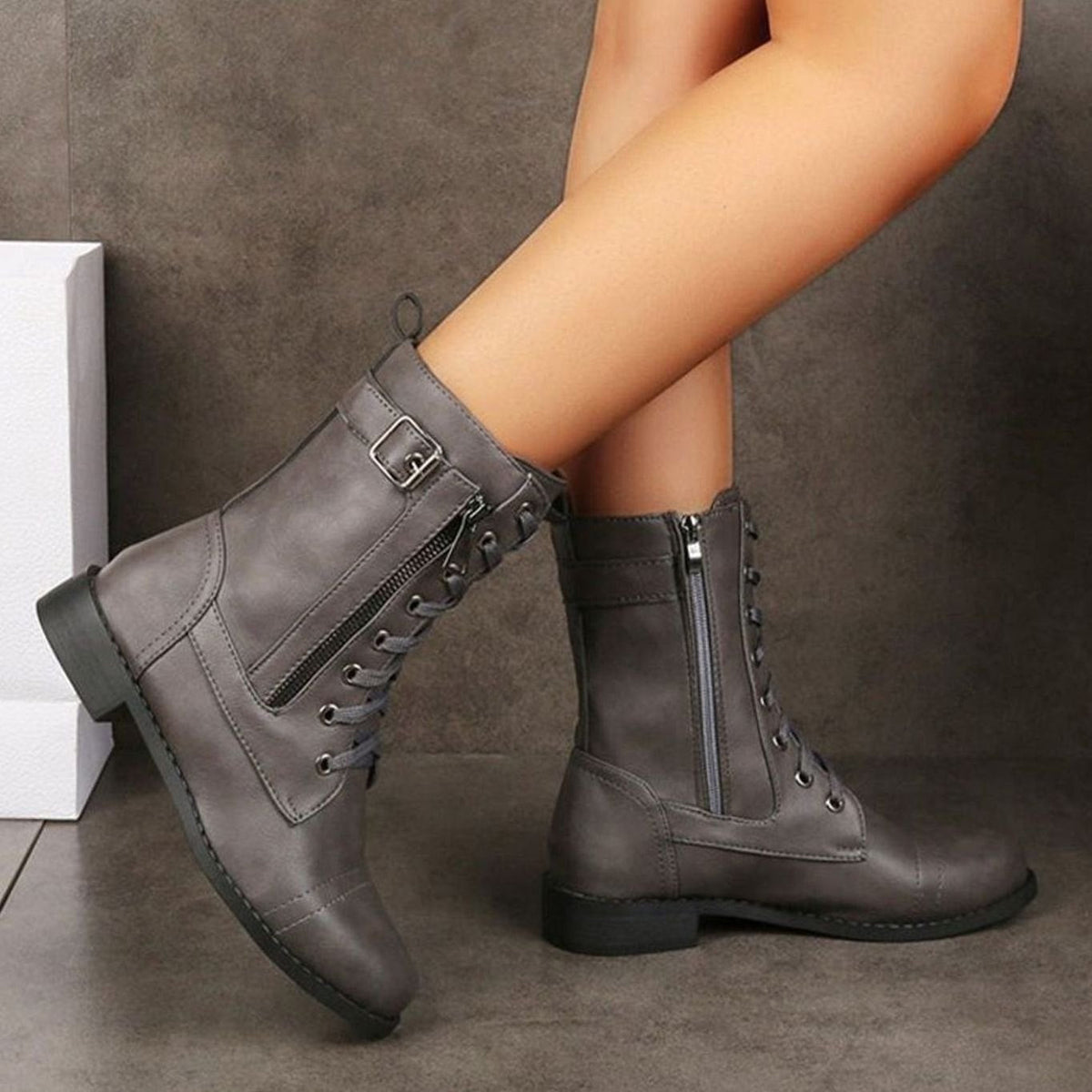 Women's Zip-On Mid Calf Lug Combat Boots with Buckle