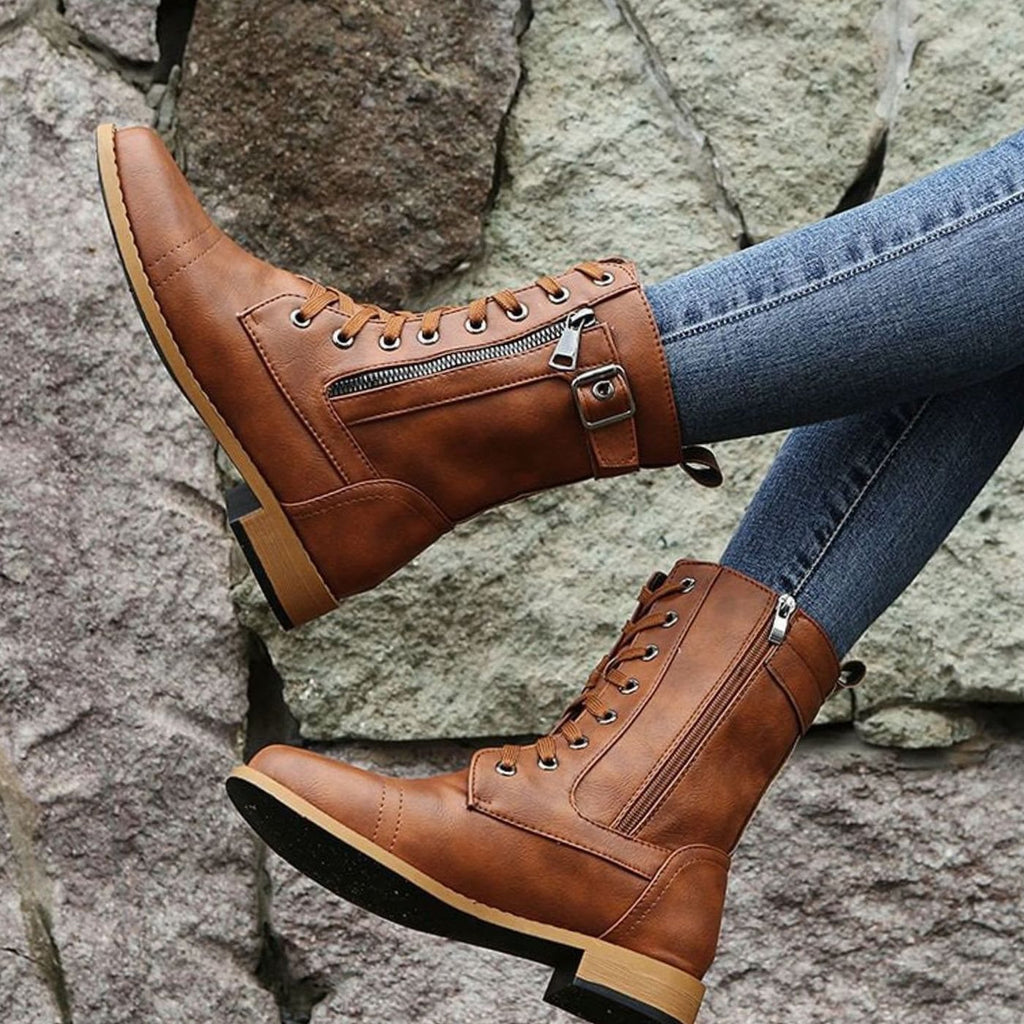 Women's Zip-On Mid Calf Lug Combat Boots with Buckle
