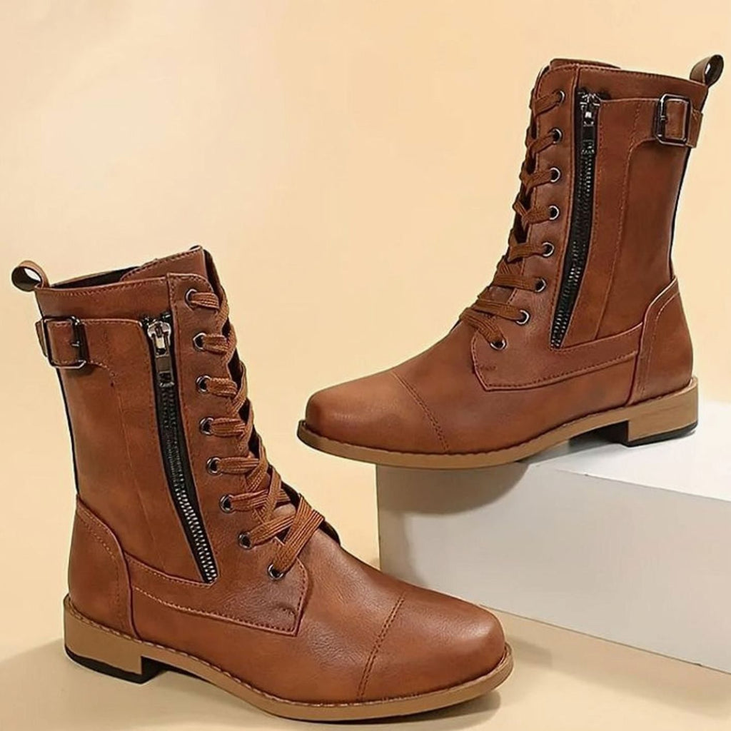 Women's Zip-On Mid Calf Lug Combat Boots with Buckle