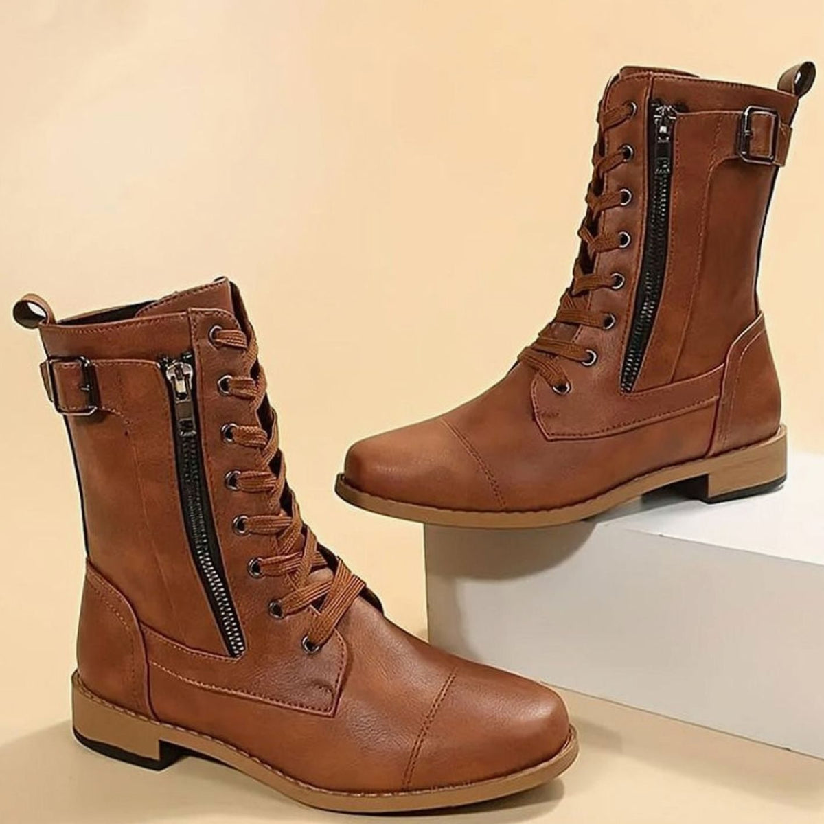 Women's Zip-On Mid Calf Lug Combat Boots with Buckle