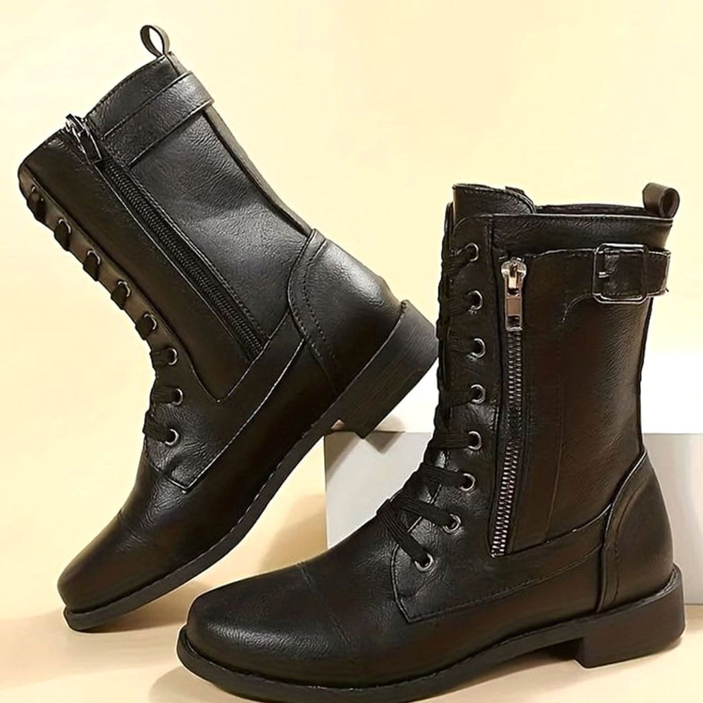 Women's Zip-On Mid Calf Lug Combat Boots with Buckle