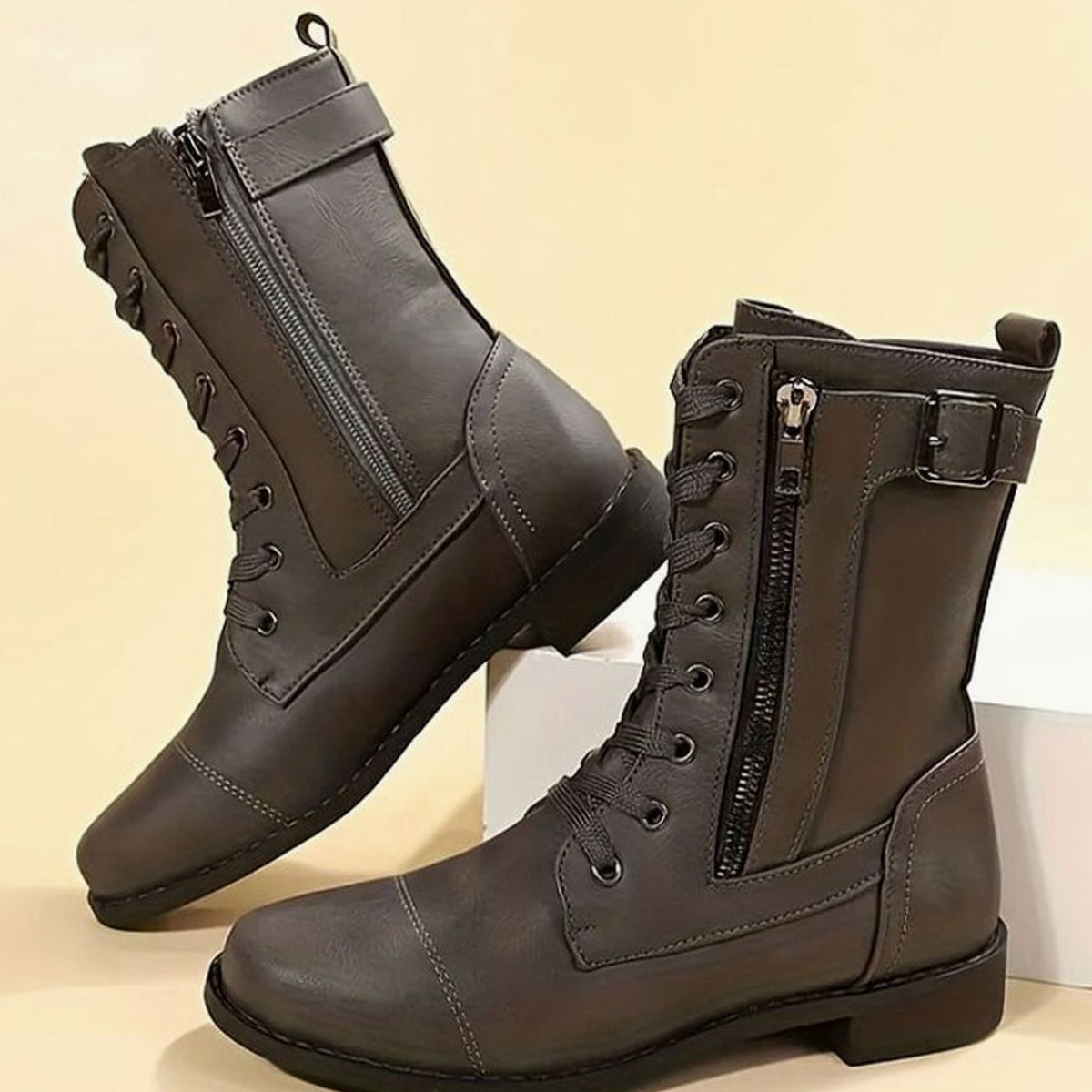 Women's Zip-On Mid Calf Lug Combat Boots with Buckle