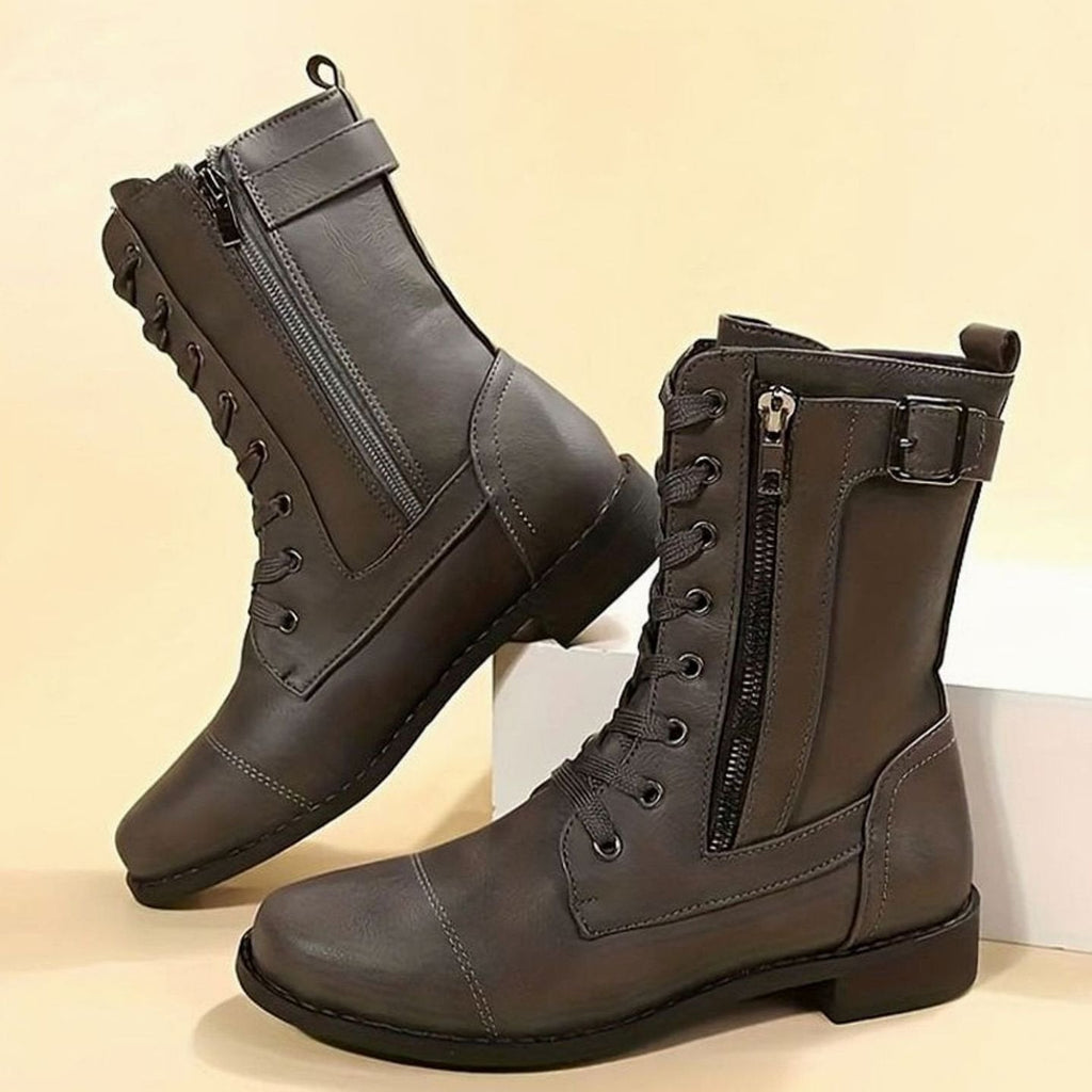 Women's Zip-On Mid Calf Lug Combat Boots with Buckle