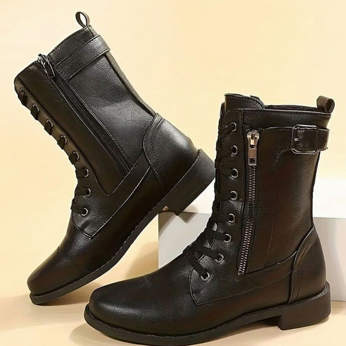 Women's Zip-On Mid Calf Lug Combat Boots with Buckle