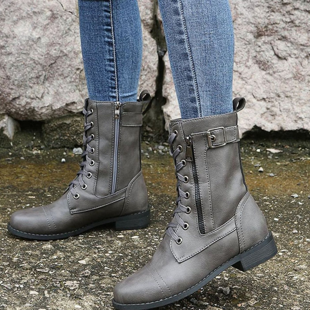 Women's Zip-On Mid Calf Lug Combat Boots with Buckle
