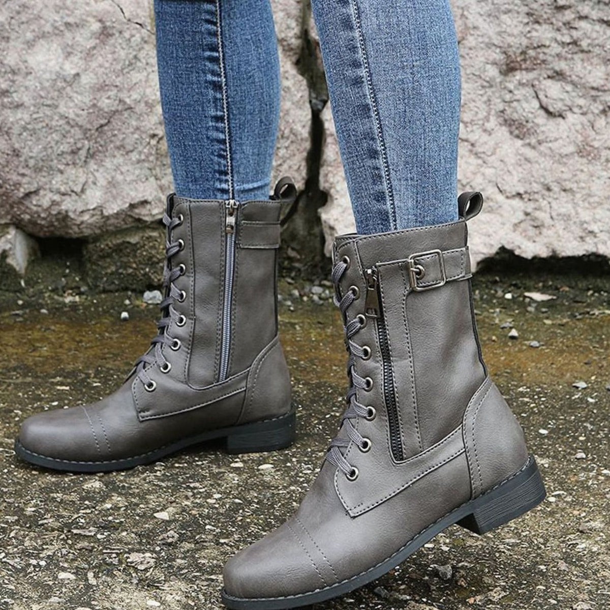Women's Zip-On Mid Calf Lug Combat Boots with Buckle