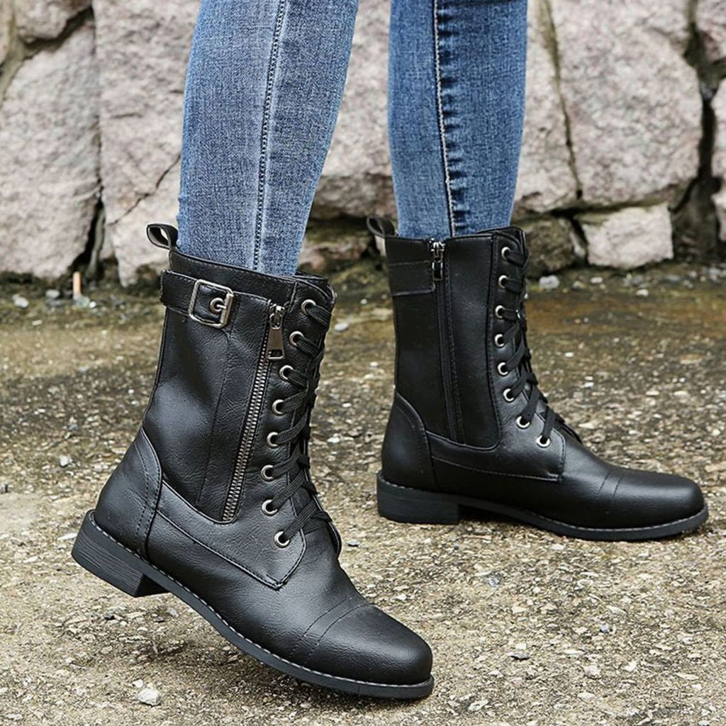 Women's Zip-On Mid Calf Lug Combat Boots with Buckle