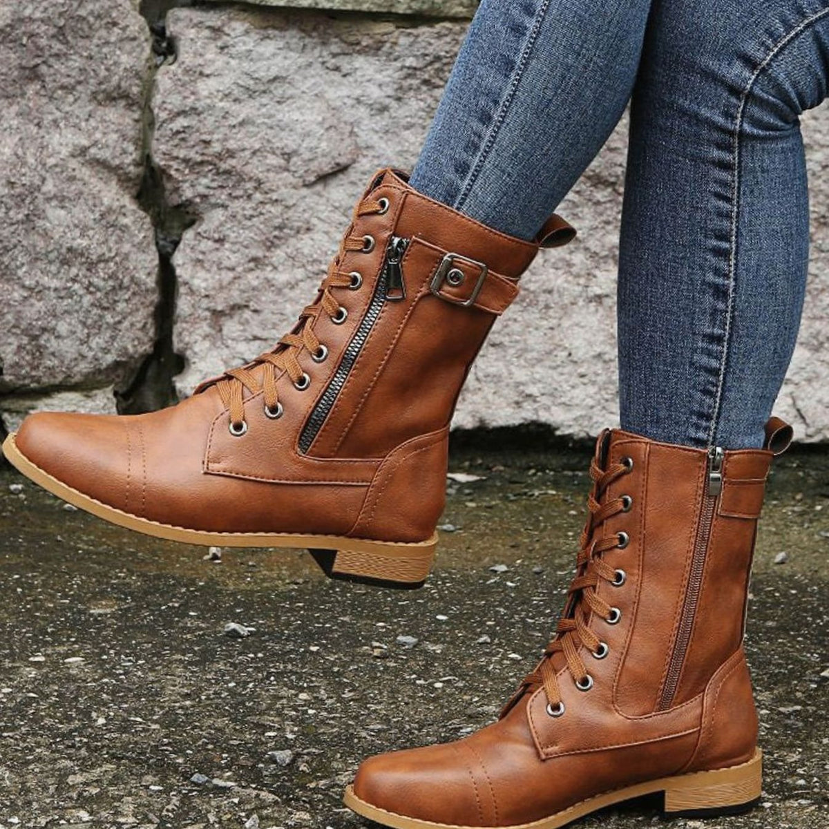 Women's Zip-On Mid Calf Lug Combat Boots with Buckle