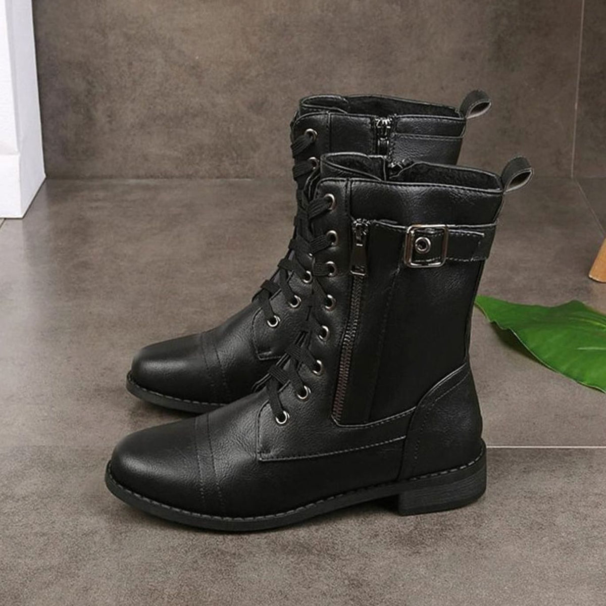 Women's Zip-On Mid Calf Lug Combat Boots with Buckle